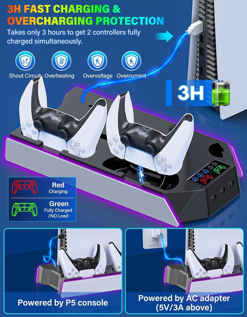 RJAD PS5/PS5-Slim-Cooling-Station-with-Controller-Charging-Station for PlayStation 5 Console Disc/Digital, LED Light Cooling Stand with Cooler Fan for PS5 Accessories with 3 USB Hubs/Headset Holder - Image 4